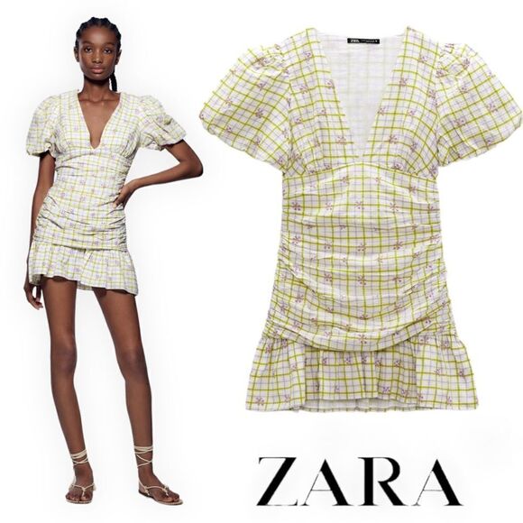 Zara Dresses & Skirts - ZARA | Ecru | CHECKERED DRAPED DRESS